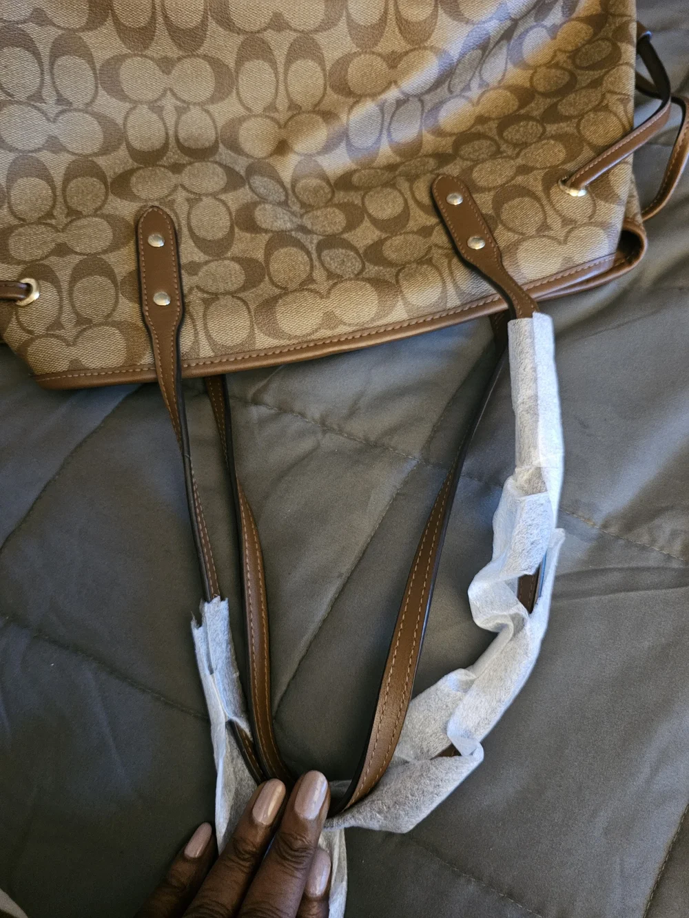 Coach Brown Signature Canvas Shoulder Tote with Tan Leather Trim